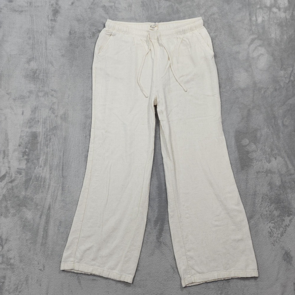 BLENCA Pants Womens L Cream Linen Blend Wide Leg Pull On Drawstring Pockets Boho